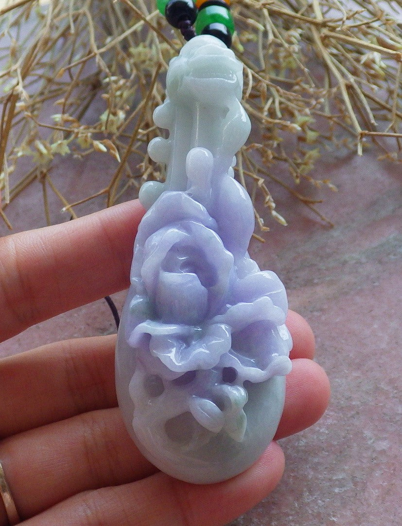 Certified Hand Carved Natural Lavender Green Burma A Jade jadeite Dragon Flower Guitar Pendant Necklace