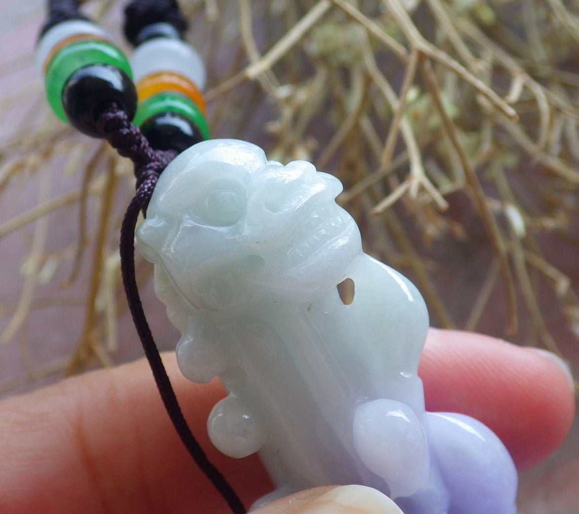 Certified Hand Carved Natural Lavender Green Burma A Jade jadeite Dragon Flower Guitar Pendant Necklace