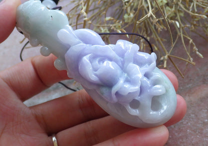 Certified Hand Carved Natural Lavender Green Burma A Jade jadeite Dragon Flower Guitar Pendant Necklace