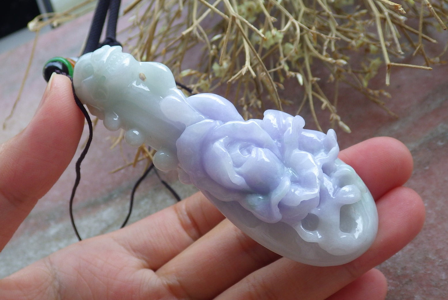 Certified Hand Carved Natural Lavender Green Burma A Jade jadeite Dragon Flower Guitar Pendant Necklace