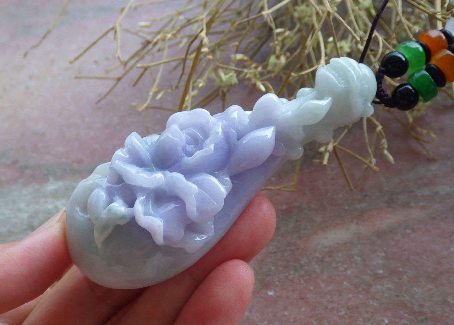 Certified Hand Carved Natural Lavender Green Burma A Jade jadeite Dragon Flower Guitar Pendant Necklace