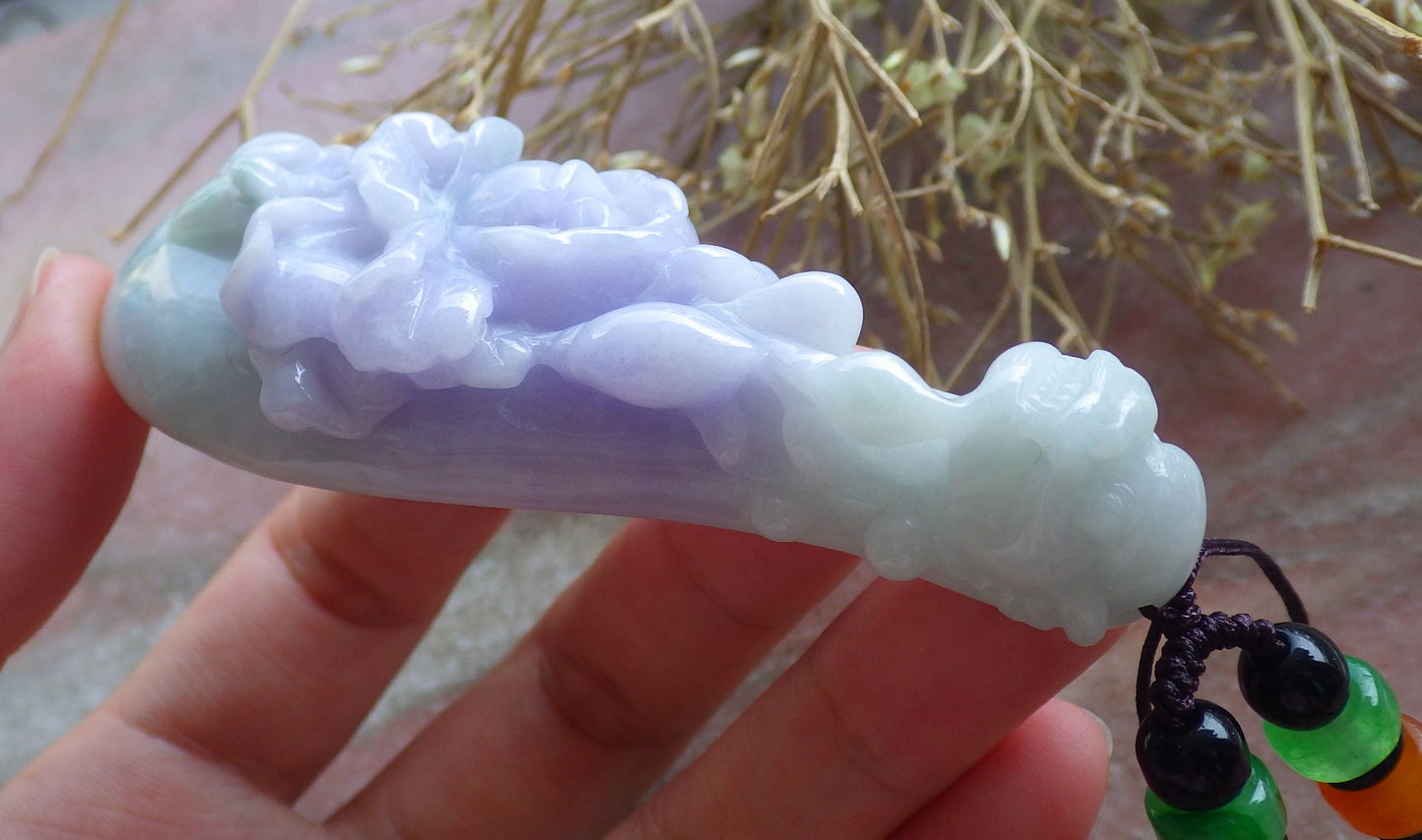 Certified Hand Carved Natural Lavender Green Burma A Jade jadeite Dragon Flower Guitar Pendant Necklace