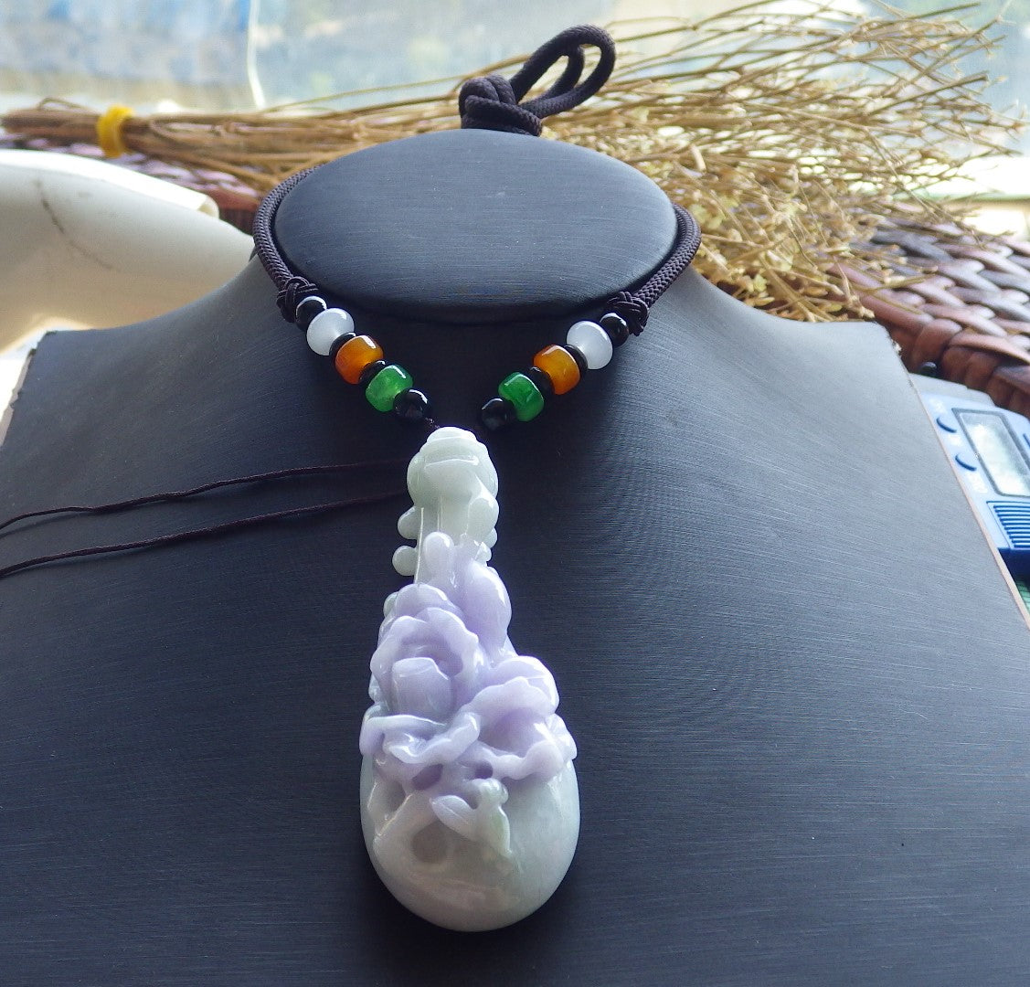 Certified Hand Carved Natural Lavender Green Burma A Jade jadeite Dragon Flower Guitar Pendant Necklace