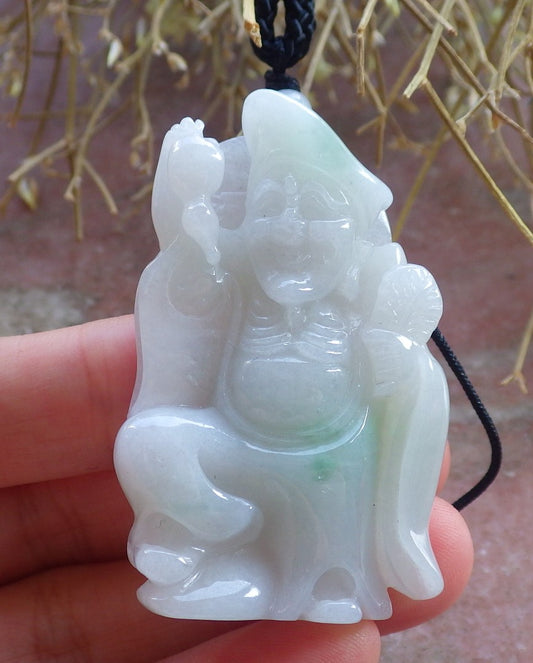 Certified Hand Carved Green Natural Myanmar Burma Grade A Jade jadeite Ji Kung Buddha God Pendant Necklace