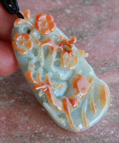 Certified Hand Carved Green Red Natural Myanmar Burma Grade A Jade jadeite Deer Flower Pendant Necklace