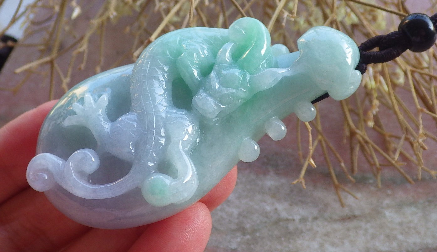 Certified Hand Carved Natural Green Burma A Jade jadeite Dragon Pi Xiu Guitar Pendant Necklace