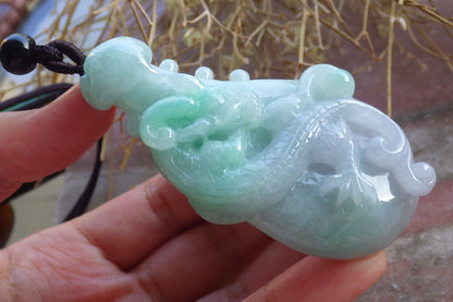 Certified Hand Carved Natural Green Burma A Jade jadeite Dragon Pi Xiu Guitar Pendant Necklace