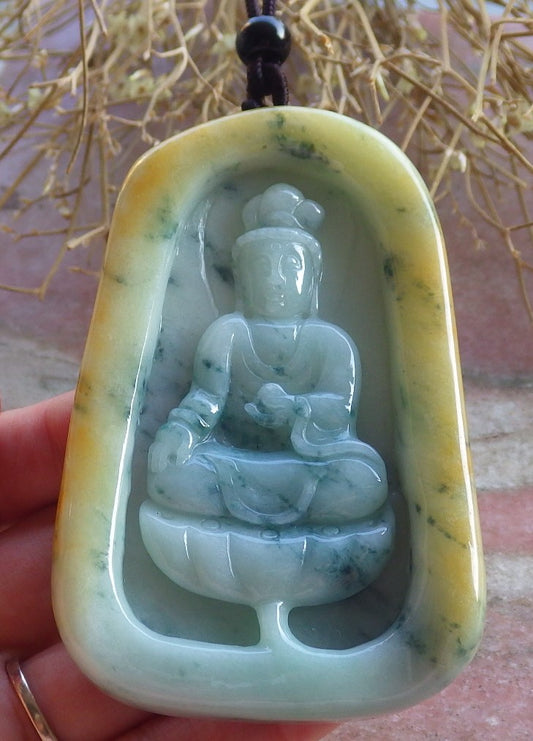 Certified Hand Carved Light Yellow Green Natural Myanmar Burma A Jade jadeite Guanyin Kwan Yin Pendant Necklace