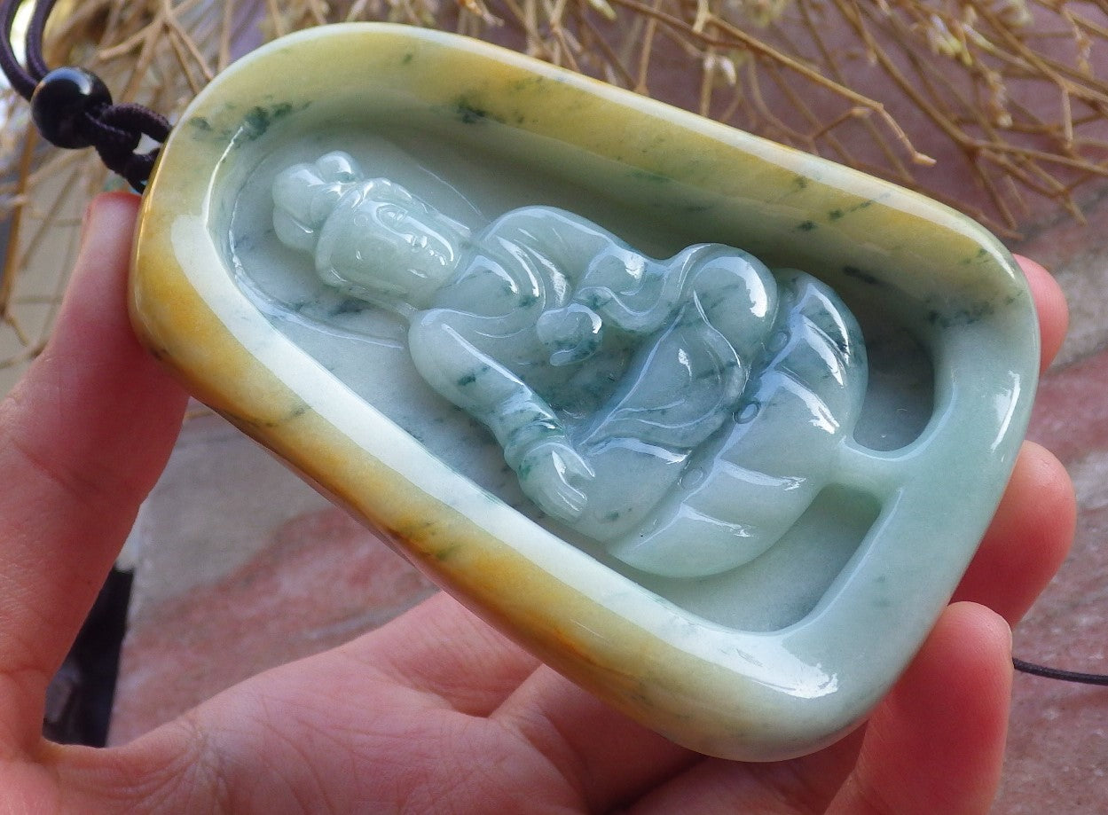 Certified Hand Carved Light Yellow Green Natural Myanmar Burma A Jade jadeite Guanyin Kwan Yin Pendant Necklace