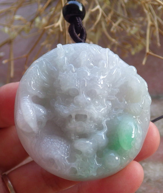 Certified Hand Carved Green Lavender Natural Burma A Jade jadeite Circle Dragon Bead Beads Pendant Necklace