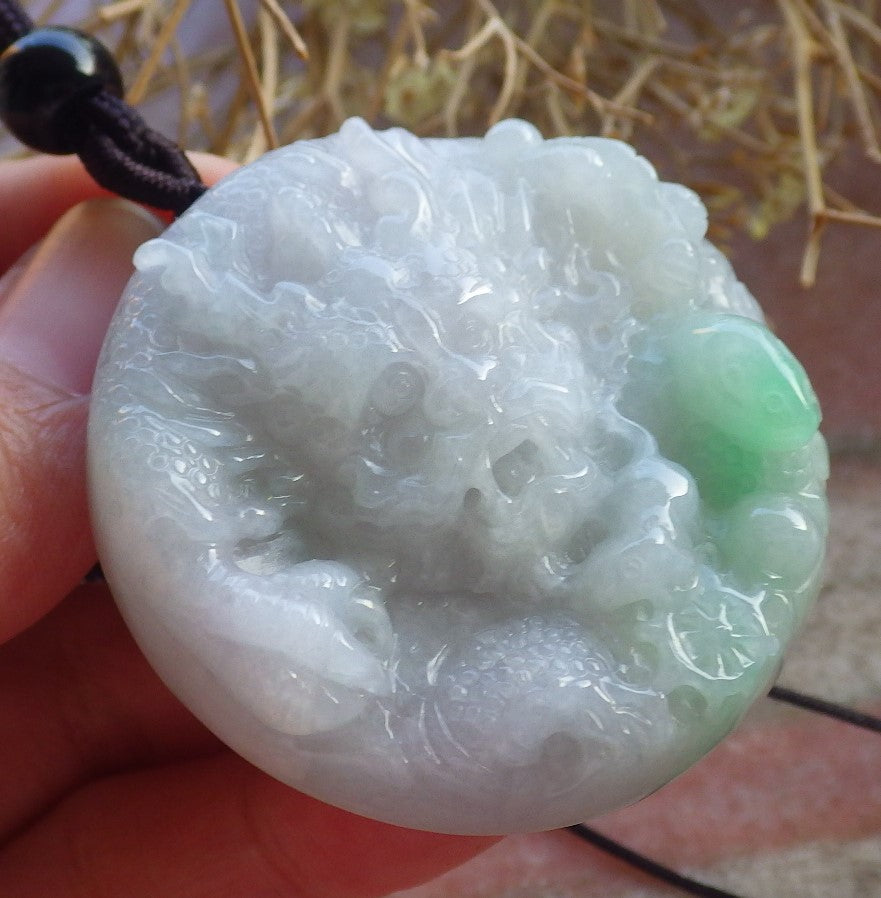 Certified Hand Carved Green Lavender Natural Burma A Jade jadeite Circle Dragon Bead Beads Pendant Necklace