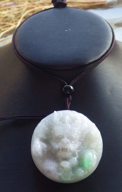 Certified Hand Carved Green Lavender Natural Burma A Jade jadeite Circle Dragon Bead Beads Pendant Necklace