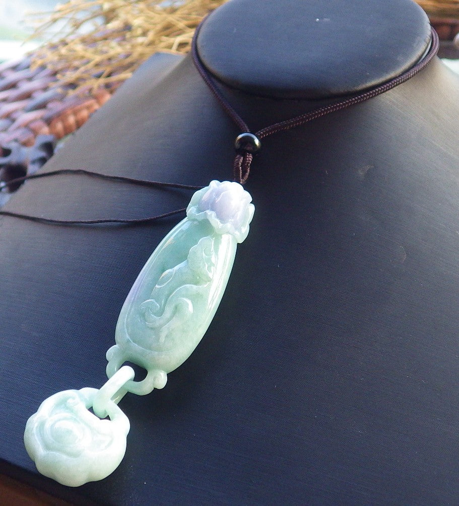 Certified Hand Carved Green Lavender Natural Myanmar Burma A Jade Flower Ruyi Circle Bead Beads Donut with Ring Pendant Necklace