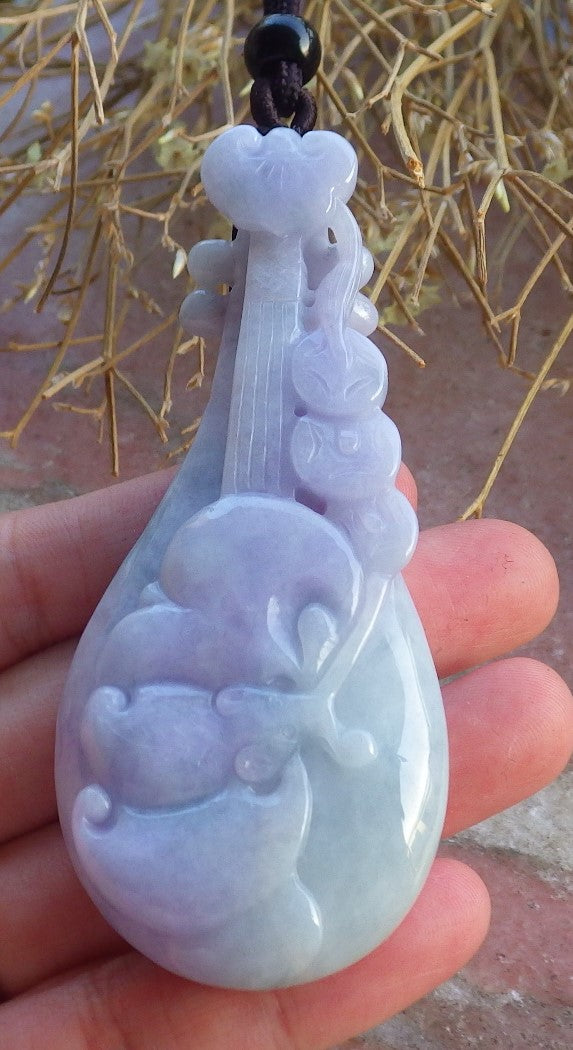 Certified Hand Carved Natural Lavender Burma A Jade jadeite Bat Flower Lotus Guitar Pendant Necklace