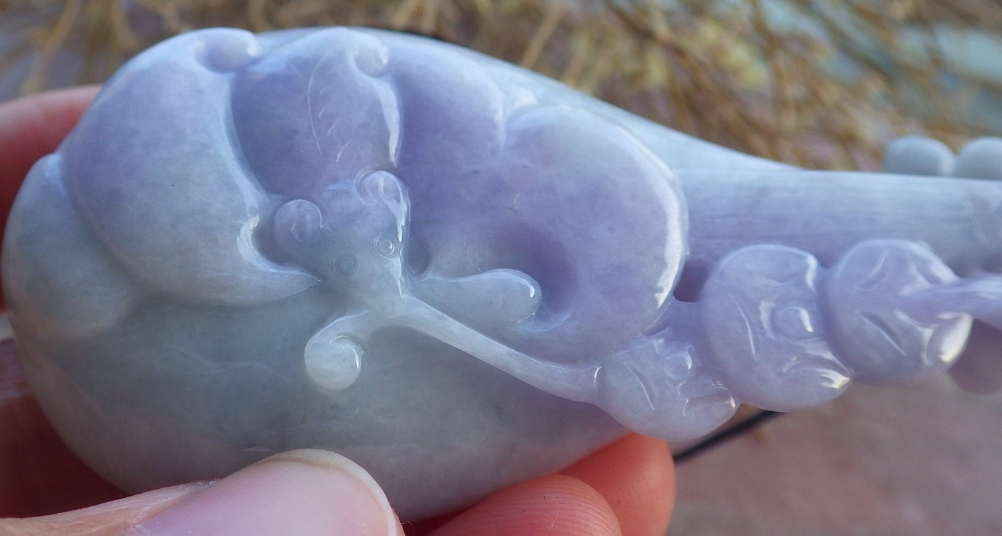 Certified Hand Carved Natural Lavender Burma A Jade jadeite Bat Flower Lotus Guitar Pendant Necklace