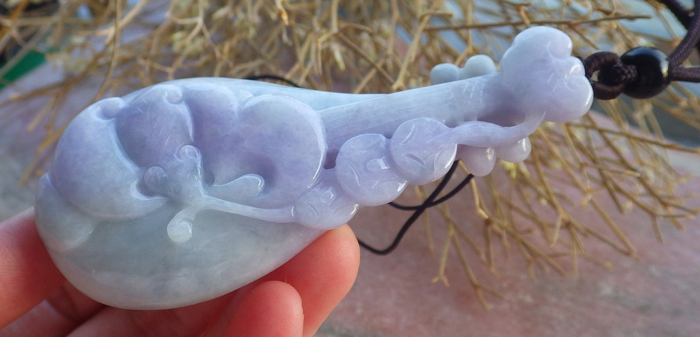 Certified Hand Carved Natural Lavender Burma A Jade jadeite Bat Flower Lotus Guitar Pendant Necklace