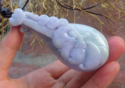 Certified Hand Carved Natural Lavender Burma A Jade jadeite Bat Flower Lotus Guitar Pendant Necklace