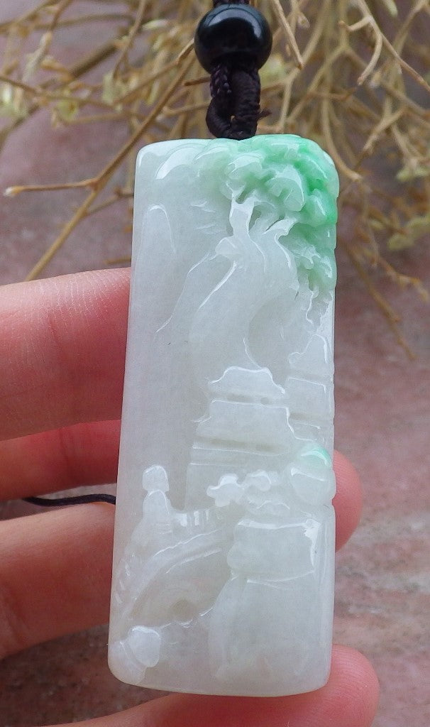 Certified Hand Carved Green Natural Myanmar Burma A Jade jadeite Landscape painting Tree Pendant Necklace