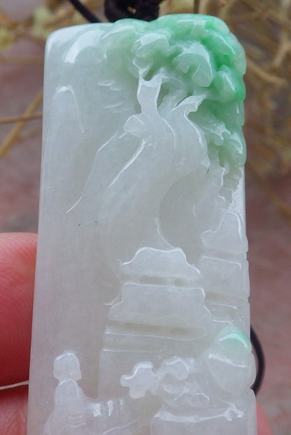 Certified Hand Carved Green Natural Myanmar Burma A Jade jadeite Landscape painting Tree Pendant Necklace