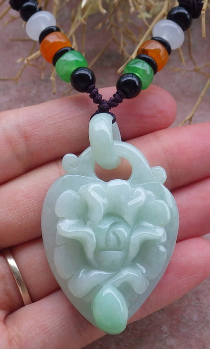 Certified Hand Carved Green Myanmar Burma Natural A Jade jadeite Heart Rose Flower With Ring Pendant Necklace