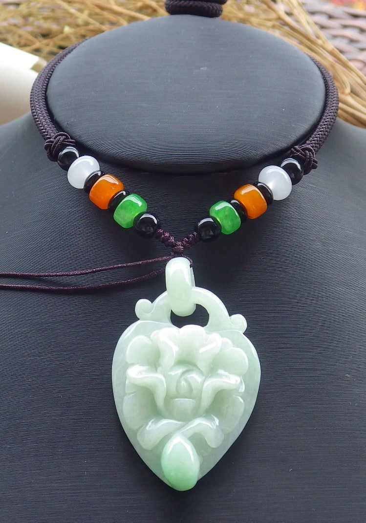 Certified Hand Carved Green Myanmar Burma Natural A Jade jadeite Heart Rose Flower With Ring Pendant Necklace