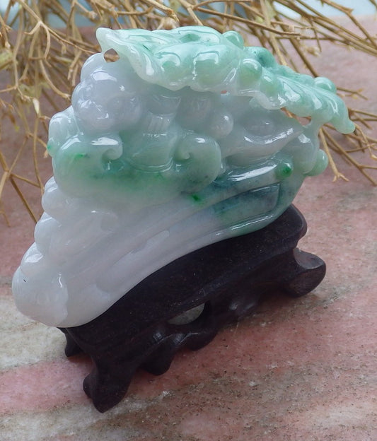 Certified Hand Carved Green Natural Myanmar Burma Hand Carved A Jade jadeite Mouse Rat Yuan Bao Display with Wood Stand