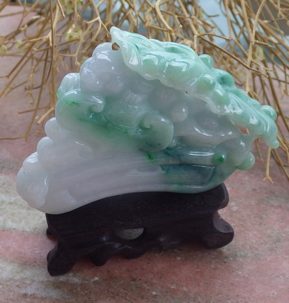 Certified Hand Carved Green Natural Myanmar Burma Hand Carved A Jade jadeite Mouse Rat Yuan Bao Display with Wood Stand