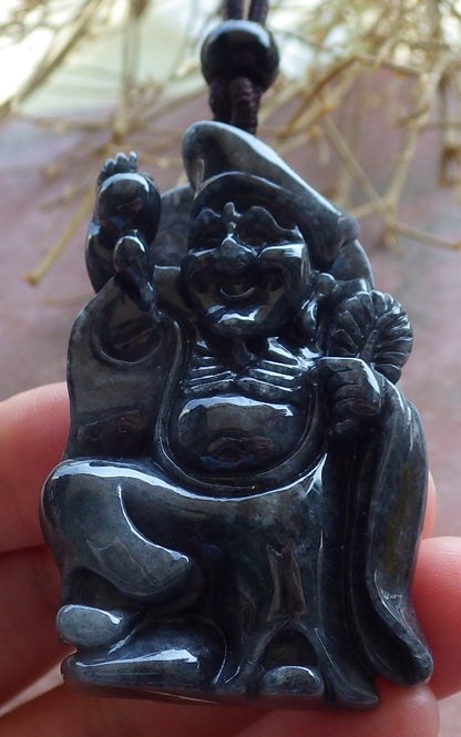 Certified Hand Carved Black Natural Myanmar Burma Grade A Jade jadeite Ji Kung Buddha God Pendant Necklace