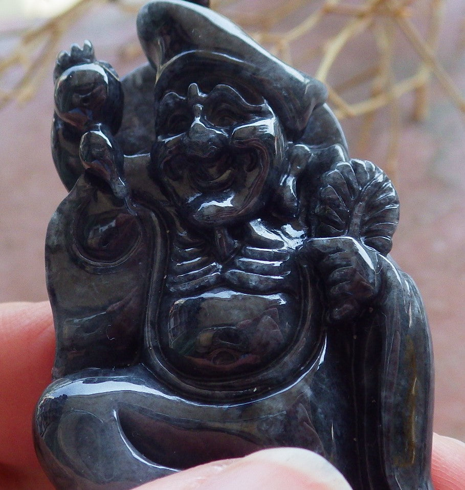 Certified Hand Carved Black Natural Myanmar Burma Grade A Jade jadeite Ji Kung Buddha God Pendant Necklace