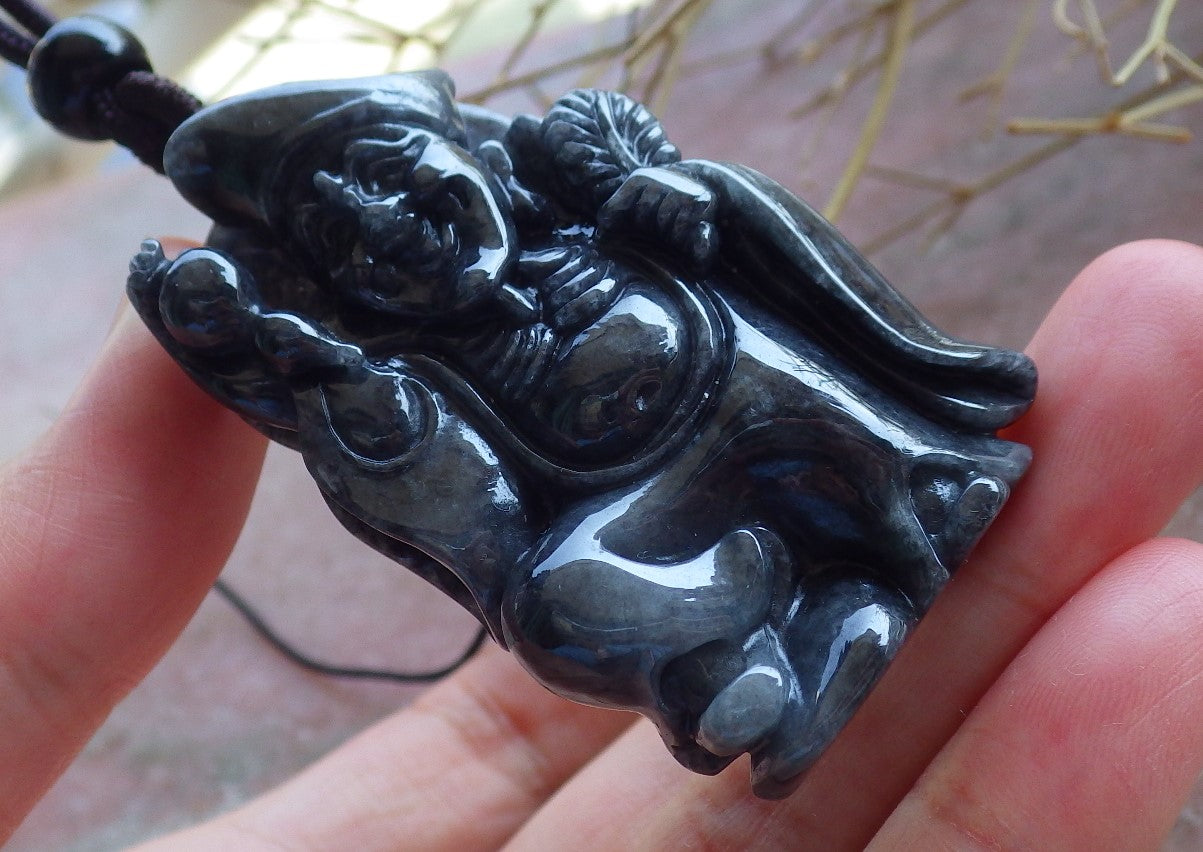 Certified Hand Carved Black Natural Myanmar Burma Grade A Jade jadeite Ji Kung Buddha God Pendant Necklace