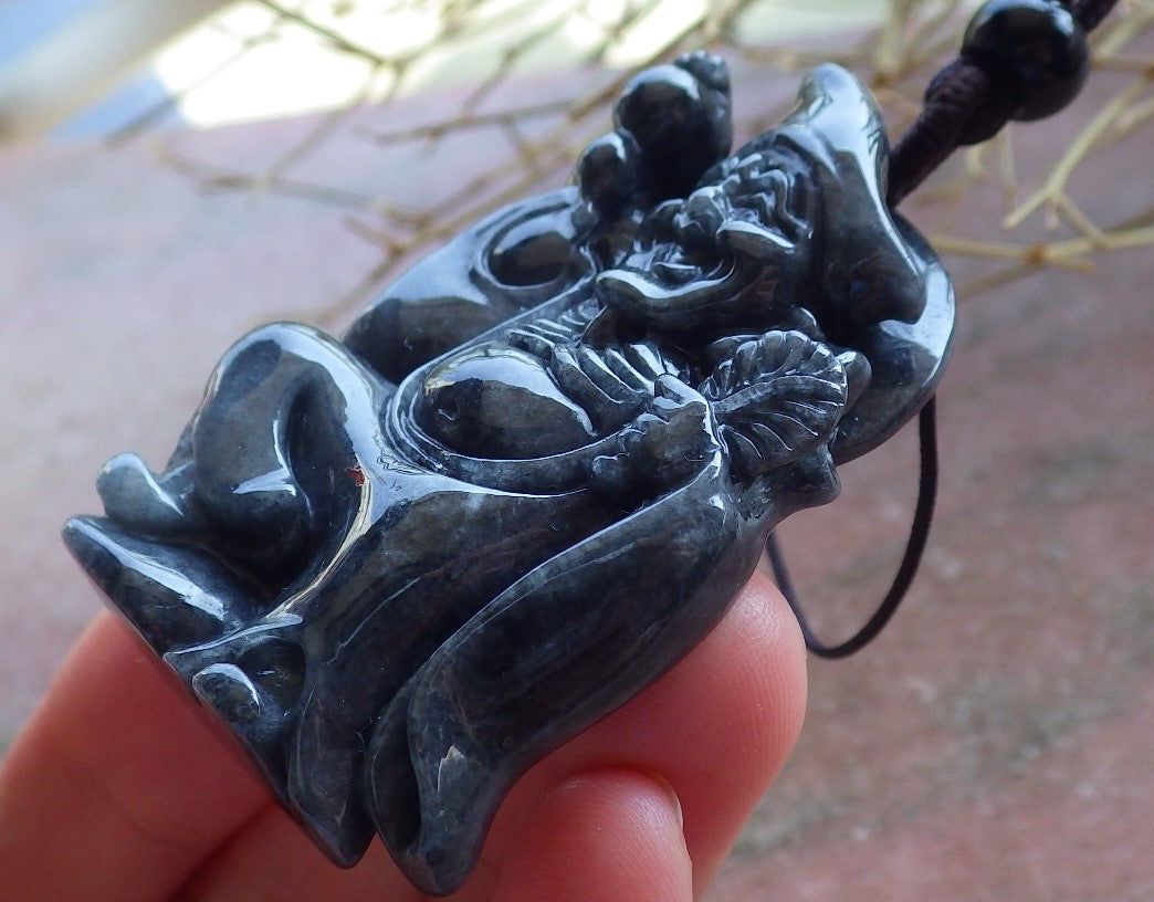 Certified Hand Carved Black Natural Myanmar Burma Grade A Jade jadeite Ji Kung Buddha God Pendant Necklace