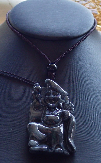 Certified Hand Carved Black Natural Myanmar Burma Grade A Jade jadeite Ji Kung Buddha God Pendant Necklace