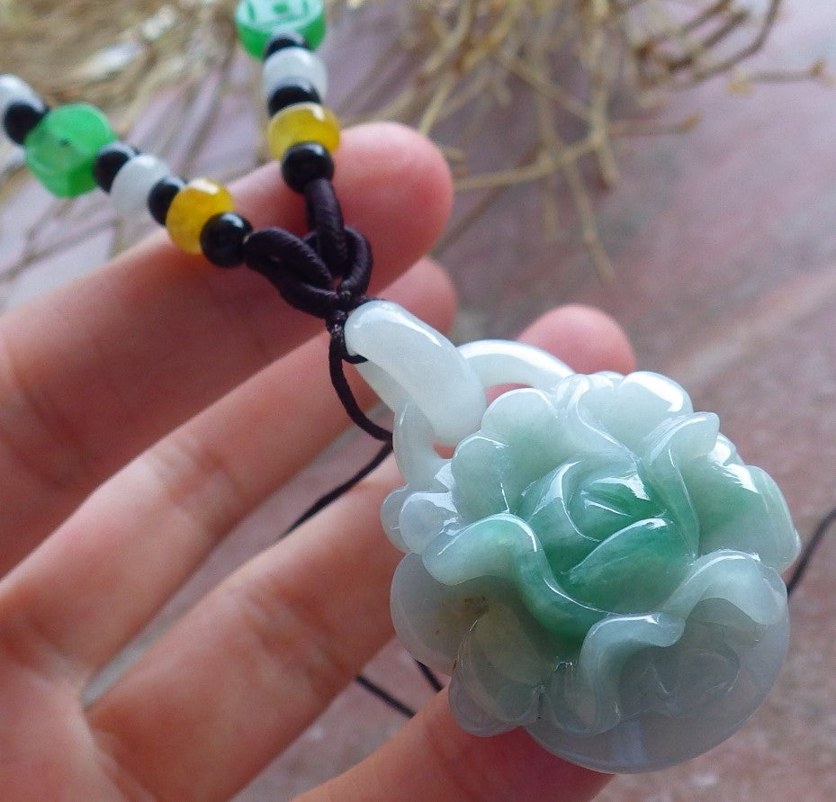 Certified Hand Carved Green Myanmar Burma Natural A Jade jadeite Heart Rose Flower With Ring Pendant Necklace