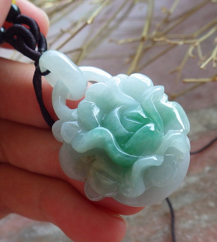 Certified Hand Carved Green Myanmar Burma Natural A Jade jadeite Heart Rose Flower With Ring Pendant Necklace