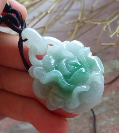 Certified Hand Carved Green Myanmar Burma Natural A Jade jadeite Heart Rose Flower With Ring Pendant Necklace