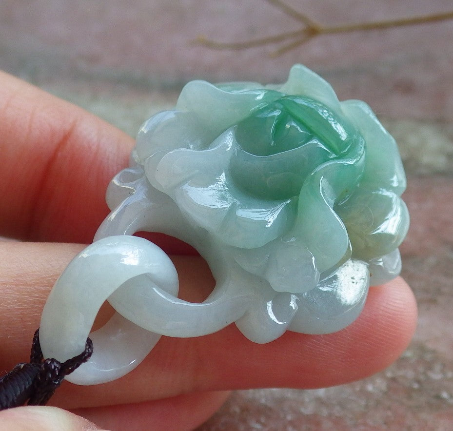 Certified Hand Carved Green Myanmar Burma Natural A Jade jadeite Heart Rose Flower With Ring Pendant Necklace