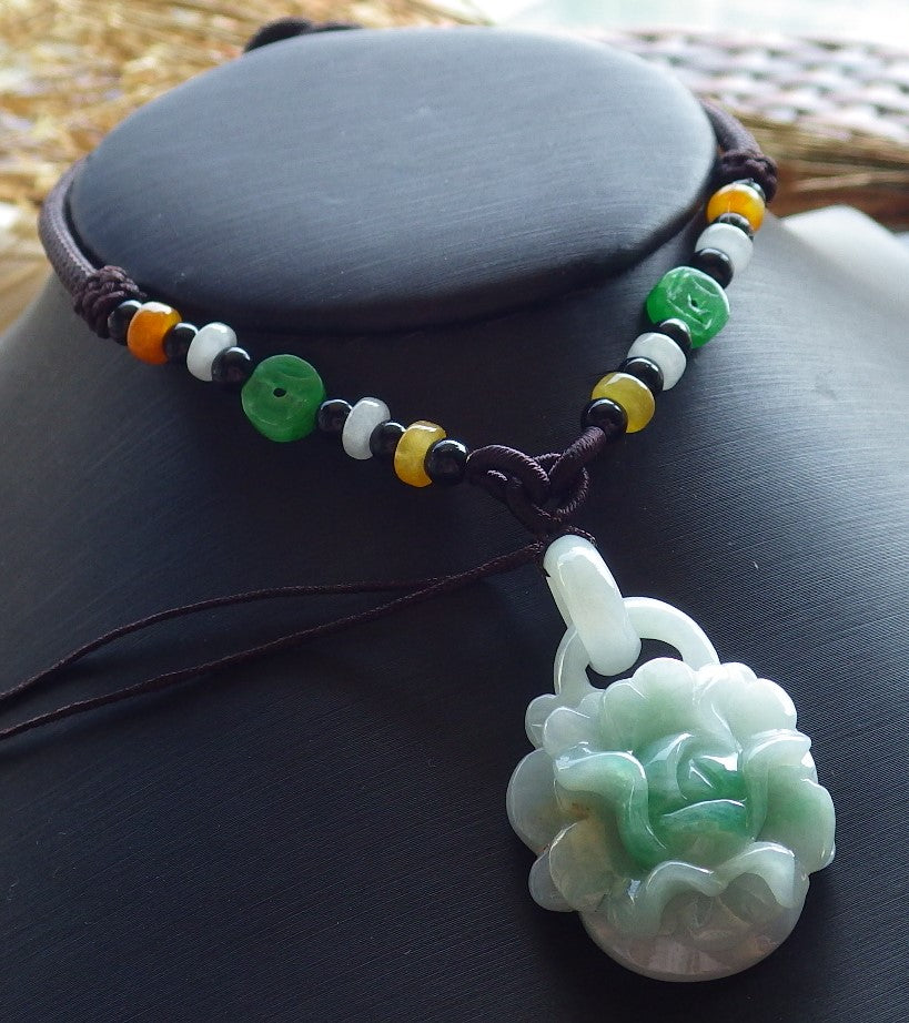 Certified Hand Carved Green Myanmar Burma Natural A Jade jadeite Heart Rose Flower With Ring Pendant Necklace