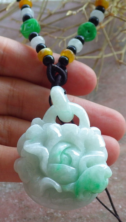 Certified Hand Carved Green Myanmar Burma Natural A Jade jadeite Heart Rose Flower With Ring Pendant Necklace