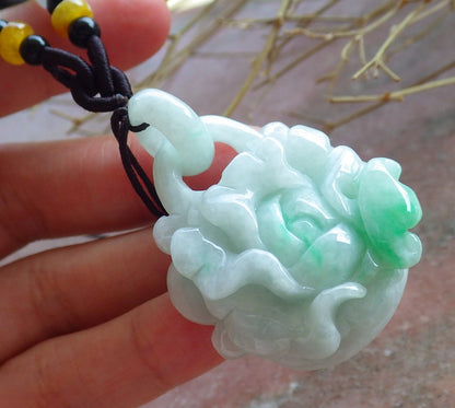 Certified Hand Carved Green Myanmar Burma Natural A Jade jadeite Heart Rose Flower With Ring Pendant Necklace