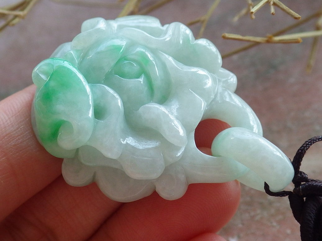 Certified Hand Carved Green Myanmar Burma Natural A Jade jadeite Heart Rose Flower With Ring Pendant Necklace