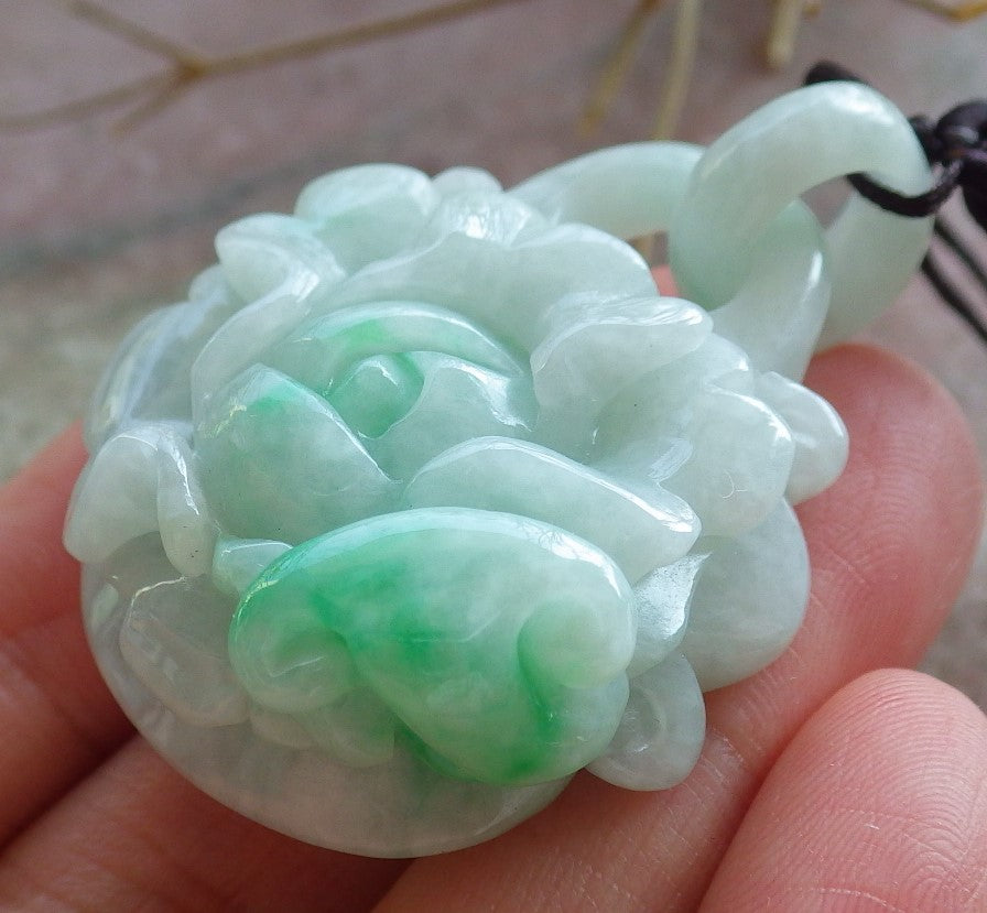 Certified Hand Carved Green Myanmar Burma Natural A Jade jadeite Heart Rose Flower With Ring Pendant Necklace