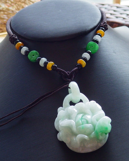 Certified Hand Carved Green Myanmar Burma Natural A Jade jadeite Heart Rose Flower With Ring Pendant Necklace