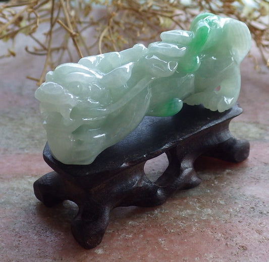 Certified Hand Carved Natural Green Myanmar Burma A Jade jadeite Dragon Display with Wood Stand