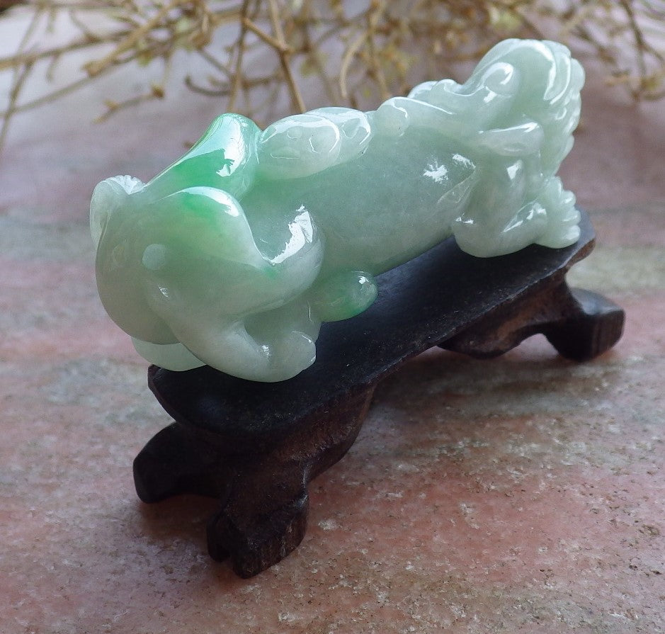 Certified Hand Carved Natural Green Myanmar Burma A Jade jadeite Dragon Display with Wood Stand