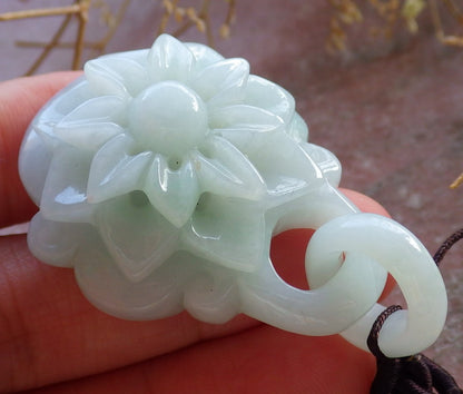 Certified Hand Carved Green Burma Natural A Jade jadeite Sun Flower With Ring Pendant Necklace