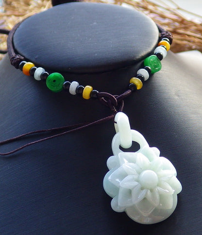 Certified Hand Carved Green Burma Natural A Jade jadeite Sun Flower With Ring Pendant Necklace