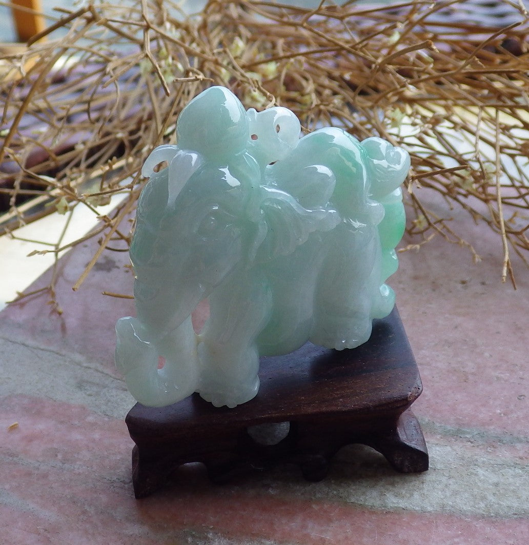 Certified Hand Carved Green Natural Myanmar Burma Hand Carved A Jade jadeite Elephant Monkey Display with Wood Stand