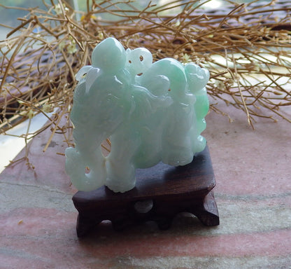 Certified Hand Carved Green Natural Myanmar Burma Hand Carved A Jade jadeite Elephant Monkey Display with Wood Stand