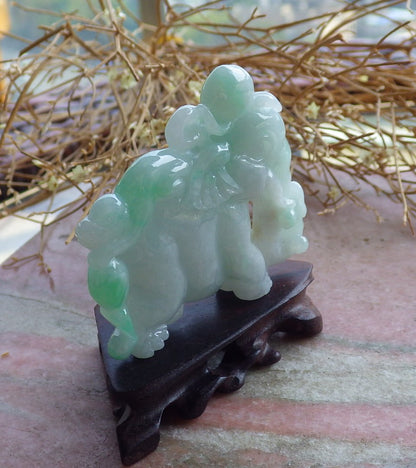 Certified Hand Carved Green Natural Myanmar Burma Hand Carved A Jade jadeite Elephant Monkey Display with Wood Stand