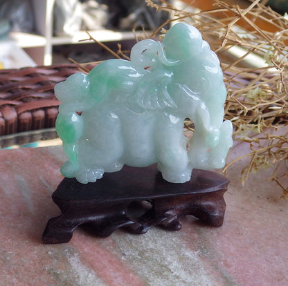 Certified Hand Carved Green Natural Myanmar Burma Hand Carved A Jade jadeite Elephant Monkey Display with Wood Stand